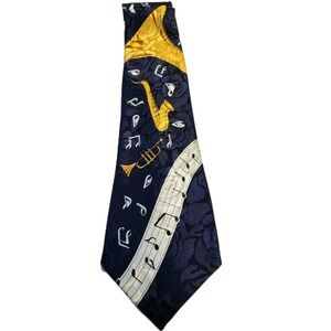 A Rogers Mens Music Notes Necktie Blue & Gold Trumpet Saxophone Musical Band Tie